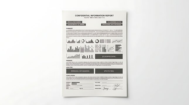 Confidential information report document with data charts and graphs