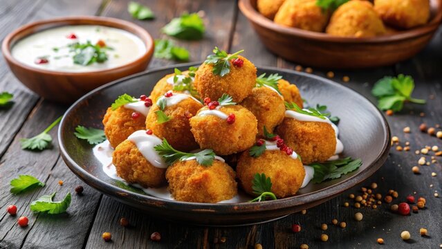 Crunchy deep-fried dahi vada served on a plate with dollops of creamy yogurt and sprinkle of spices