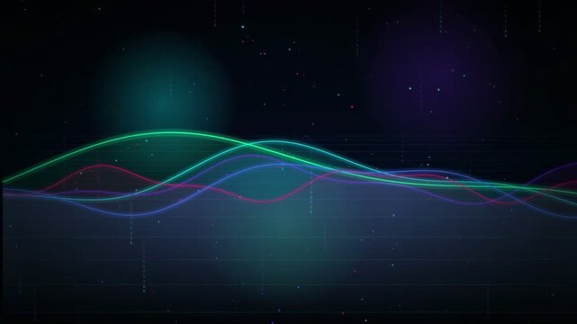 Abstract digital sound waves and glowing frequency lines moving on a dark cosmic background