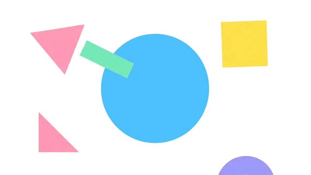 Colorful 2D geometric shapes animating on white background playful abstract motion graphic design