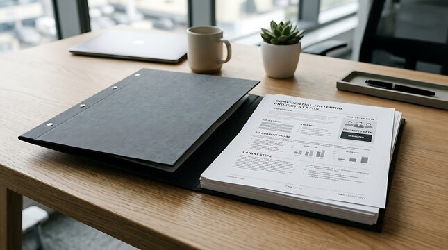 Open black report folder with confidential project status document on wooden desk