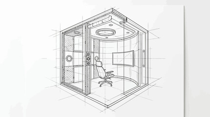 Fototapeta premium Modern office pod blueprint featuring soundproof workspace cabin with ergonomic chair and screen.