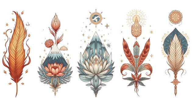 Set of five decorative elements featuring feathers and floral motifs on white background