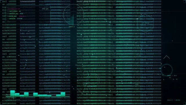 Abstract Digital Data Stream with Scrolling Binary Code and Futuristic HUD Interface Elements