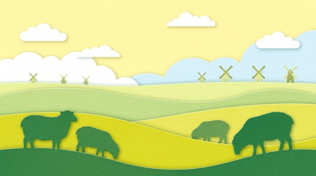 Paper cut countryside landscape illustration with sheep grazing on rolling hills and windmills