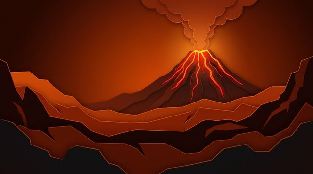 Volcano erupting paper cut art illustration showing glowing lava, smoke, and layered mountainous landscape in warm orange and brown tones