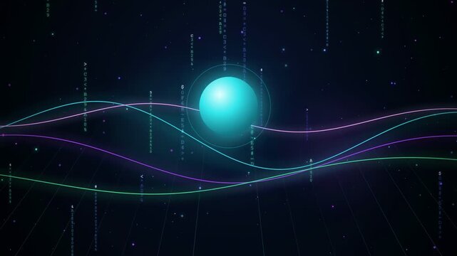 Abstract futuristic digital background with glowing blue sphere and flowing neon wave lines in space