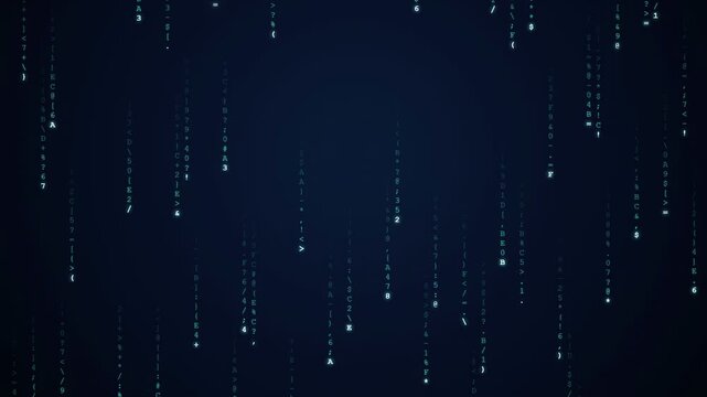 Abstract digital data stream with falling binary code on a dark blue technological background