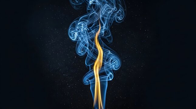 Single thin stream of golden fire rising amidst swirling blue smoke with golden flame abstract fire smoke trail fire effect smoke flow