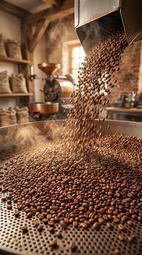 Fresh coffee beans pouring in a roastery