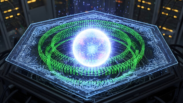 Futuristic holographic data visualization with glowing energy sphere and binary code rings in a high-tech server room environment