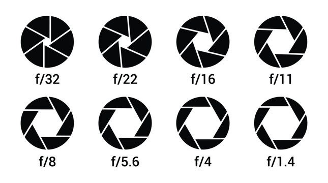 Camera aperture lens diaphragm icon set with various f-stop settings f stop camera shutter photography icon photography gear f number black icon