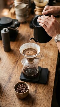 Pour over coffee brewing process in a cafe