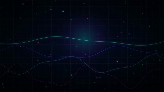 Abstract digital data visualization with flowing neon wave lines on a dark grid background