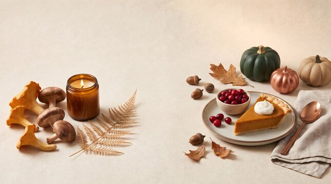 Autumn pumpkin pie slice, cozy fall food still life, thanksgiving banner