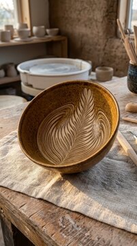 Handmade ceramic bowl with sgraffito leaf pattern