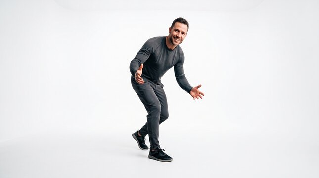 Professional man in casual business attire leaning forward with open arms in neutral studio setting with clean white background