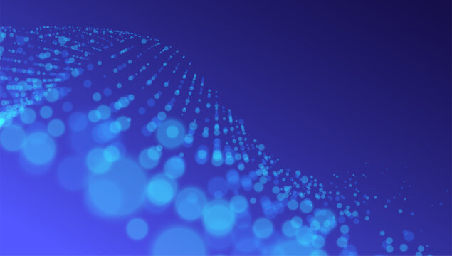 Data wave with glowing particles. Futuristic technology background with data transmission effect. Dynamic digital space. Networking, innovation or communication design template. Vector illustration.