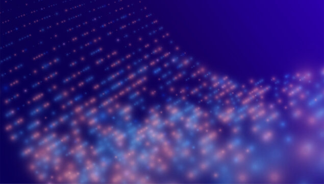 Futuristic technology background. Glowing blue and pink particles flowing through digital space. Abstract data wave for innovation, networking, media or tech design. Vector illustration.