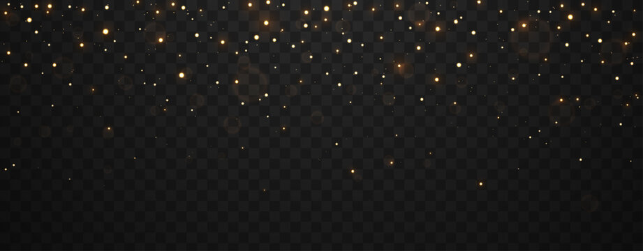 Golden glowing particles and sparkling lights. Christmas dust on transparent background. Glitter texture. Elegant gold festive effect for luxury, celebration or beauty design. Vector illustration.