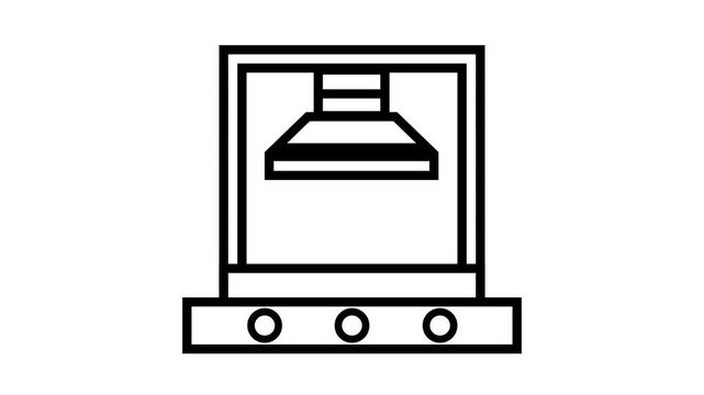 Black line art animation of an industrial hydraulic press machine operating on a white background. Minimalist manufacturing equipment.