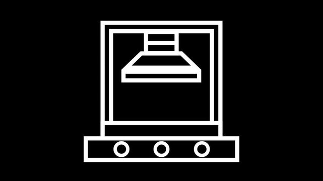 White line art animation of an industrial hydraulic press machine operating on a black background. Minimalist manufacturing equipment.
