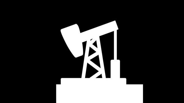 White silhouette animation of an oil pump jack operating on a black background. Petroleum extraction and fossil fuel energy industry.