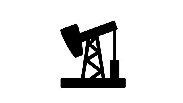 Black silhouette animation of an oil pump jack operating on a white background. Petroleum extraction and fossil fuel energy industry.