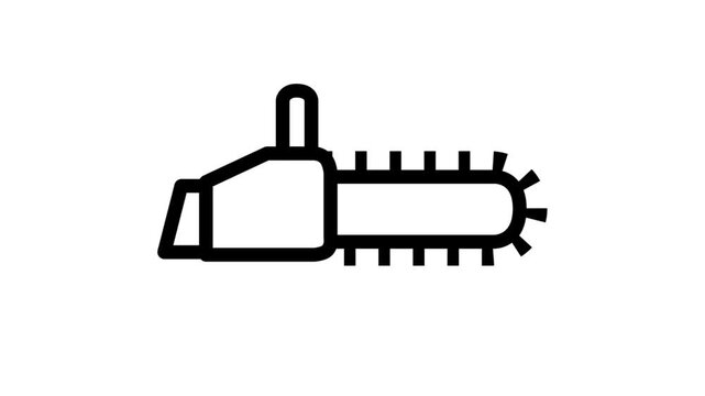 Black line art animation of a working chainsaw with a rotating chain on a white background. Woodworking and forestry tool icon.