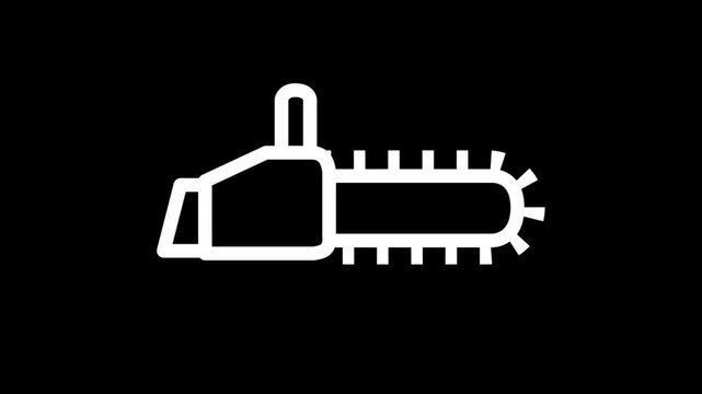 White line art animation of a working chainsaw with a rotating chain on a black background. Woodworking and forestry tool icon.