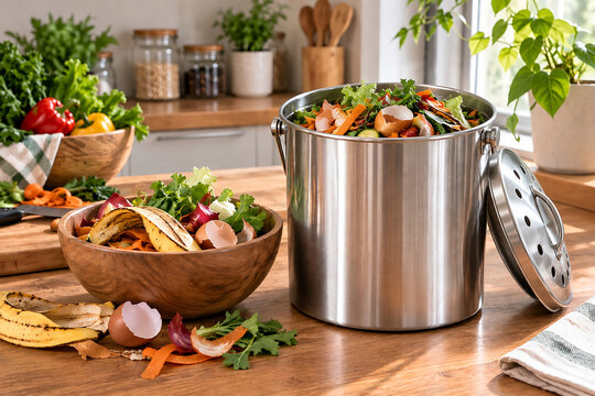 Sustainable kitchen composting concept showcasing a stainless steel bin with organic food scraps representing zero waste eco friendly lifestyle