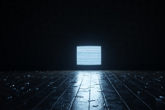 3d Rendering of an hardwood floor with glass shards and footprints illuminated by the television at night