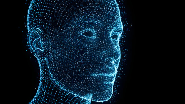 Digital human face made of glowing blue dots against a dark background, representing artificial intelligence and virtual reality