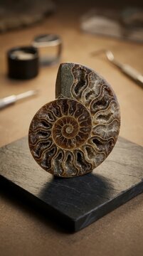 Ammonite fossil specimen on display