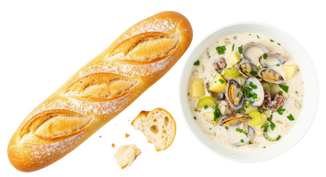 Creamy Clam Chowder Soup with Baguette Bread on Transparent Background Top View