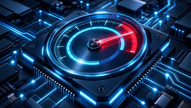 High performance computer processor concept with glowing digital speedometer gauge on motherboard showing maximum cpu processing speed