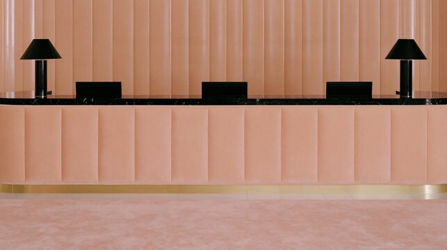 Pink reception desk with black lamps and ribbed wall panels