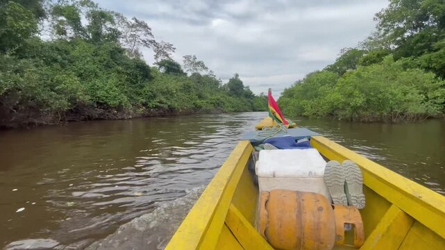 A dugout canoe travels along an Amazon tributary in Bolivia. The shot is filmed from a first person view over the bow. Rainforest lines both banks as the boat moves forward.