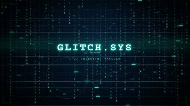 Futuristic Digital Interface with Glitch Effects and Cyber Security Data Processing on Dark Blue Background