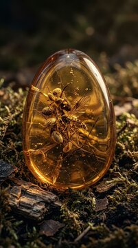 Amber stone with trapped prehistoric insects