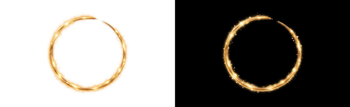 Glowing golden circular ring on transparent background, round yellow light loop halo frame with luminous radiant glow. Elegant luxury border creates festive holiday party portal backdrop frame.