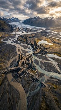 Aerial view of glacier valley and braided rivers