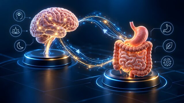 Gut brain axis connection concept with glowing human brain and digestive tract linked by energy streams and digital medical health icons