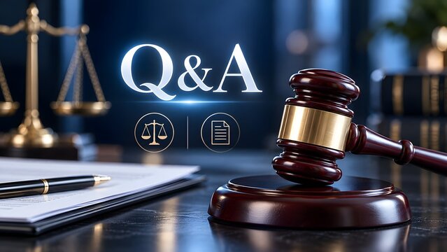 Legal consultation and law firm advice concept with glowing Q and A letters behind judge gavel and justice scale on office desk