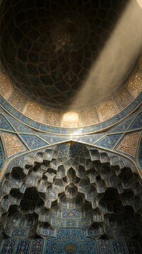 Sunlight beam shining inside traditional mosque dome