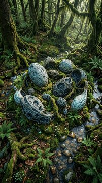 Alien eggs in a mystical enchanted mossy forest