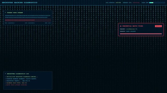 Digital data stream with scrolling binary code and computer system diagnostic interface on dark background