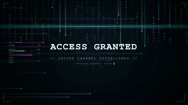 Digital Cybersecurity Interface with Access Granted Message and Scrolling Data Code on Dark Background