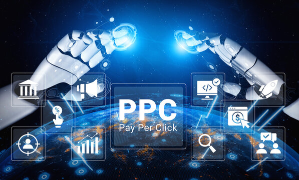 A futuristic depiction of robotic hands reaching for a digital interface, symbolizing the integration of technology and marketing through Pay Per Click strategies in a global context. Ledger
