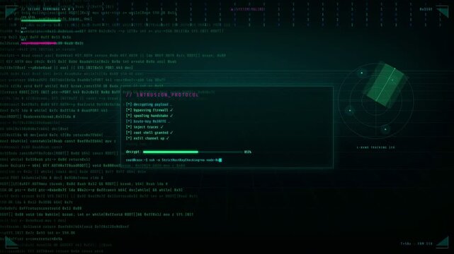 Digital hacking interface with scrolling green code and futuristic data processing HUD elements